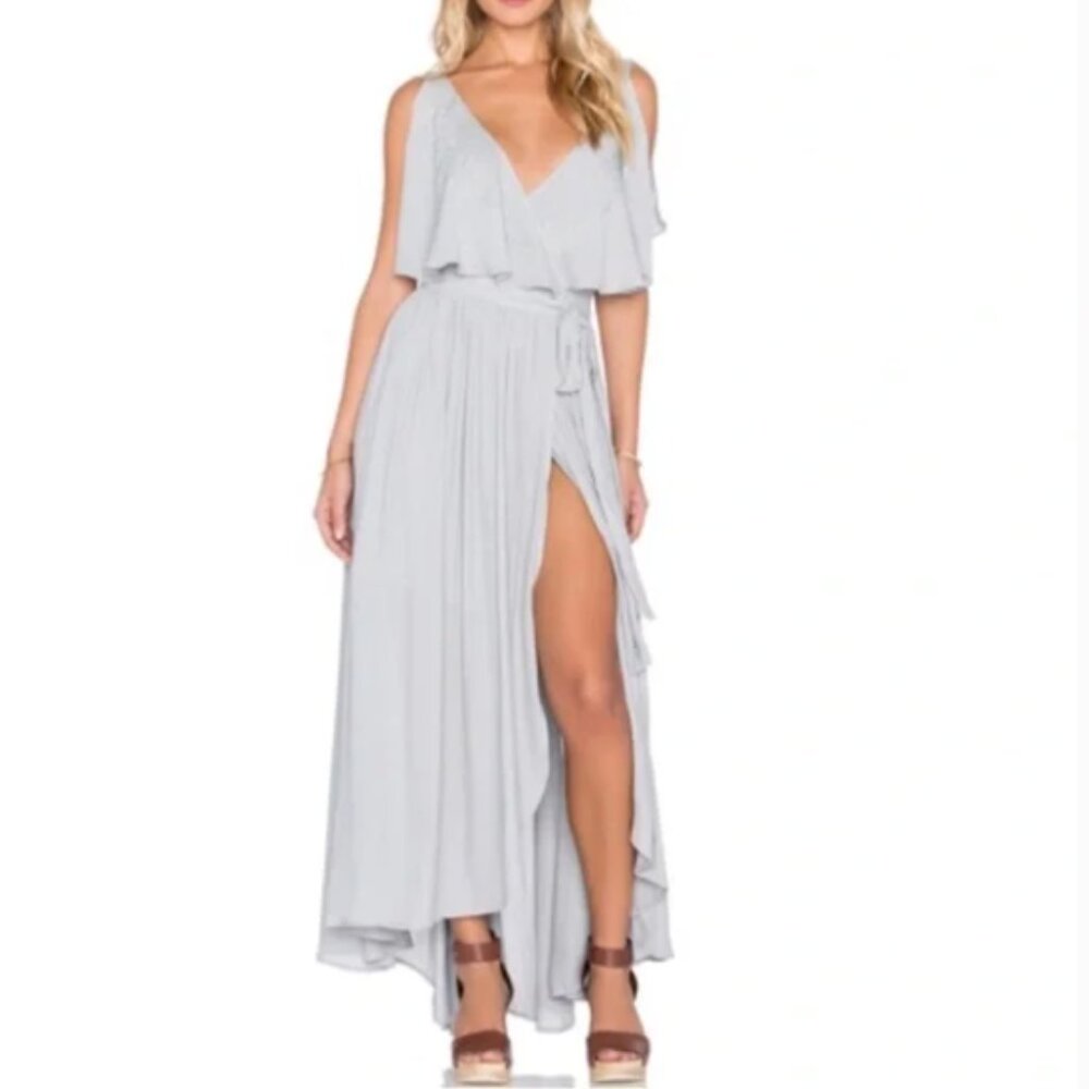 Free People Fiona Embroidered Maxi Wrap Dress Rain Blue Grey High Low Small S